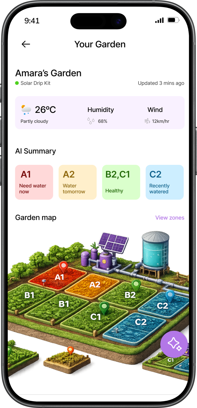 Sandi AI satellite weather app screen
